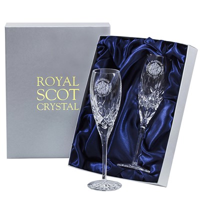 Royal Scot Crystal - Queen's Platinum Jubilee - 2 Westminster Crystal Champagne Flutes Presentation Boxed